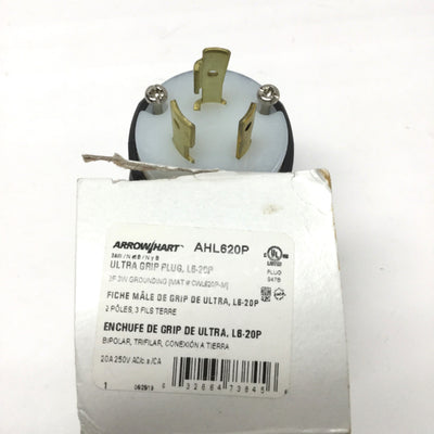 New Eaton Arrow Hart AHL620P Ultra Grip Plug, 2-Pole 3-Wire, 20A 250VAC, L6-20P