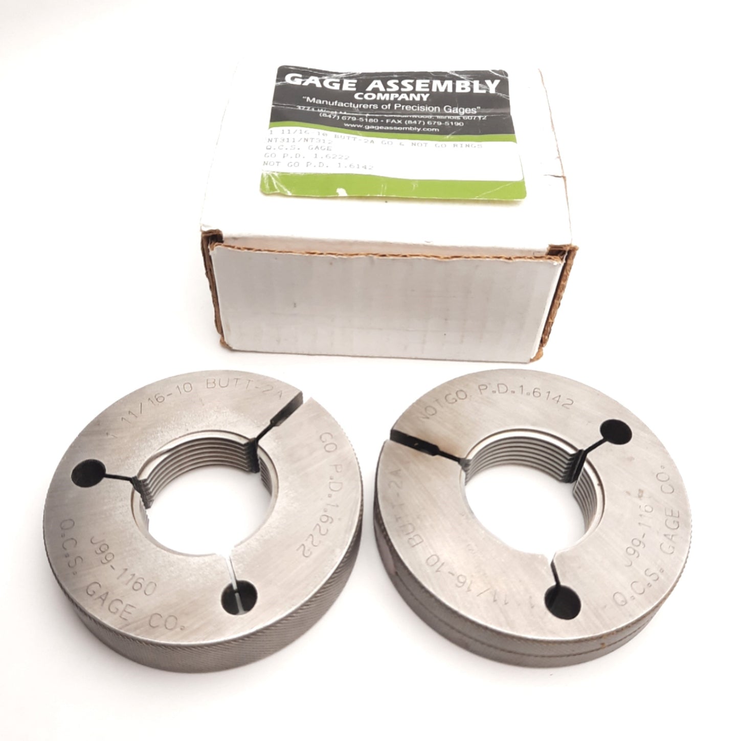 Used Gage Assembly Co 1-11/16-10 BUTT-2A Go & No Go Rings, GOPD 1.6222, NOGOPD 1.6142