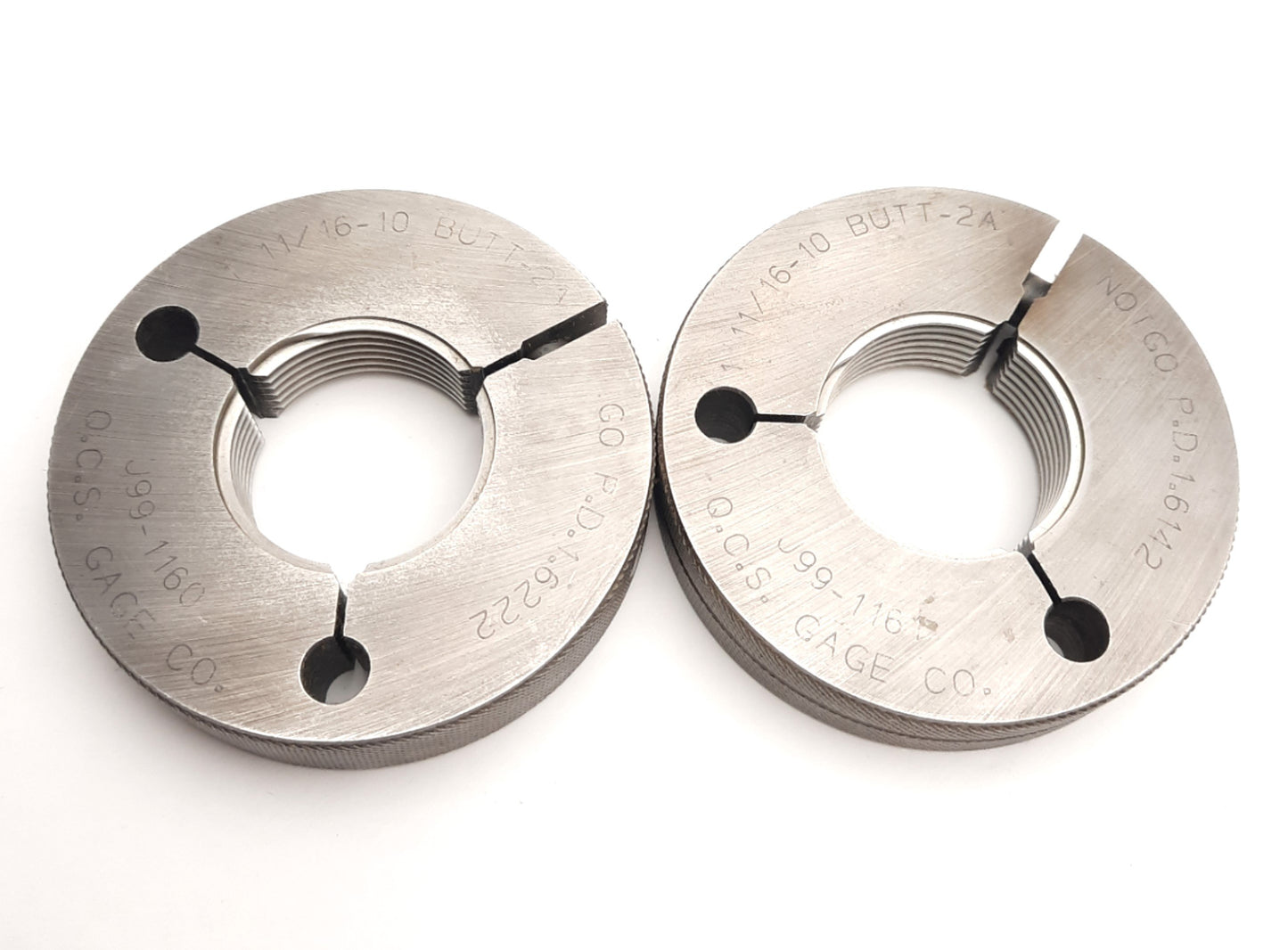 Used Gage Assembly Co 1-11/16-10 BUTT-2A Go & No Go Rings, GOPD 1.6222, NOGOPD 1.6142