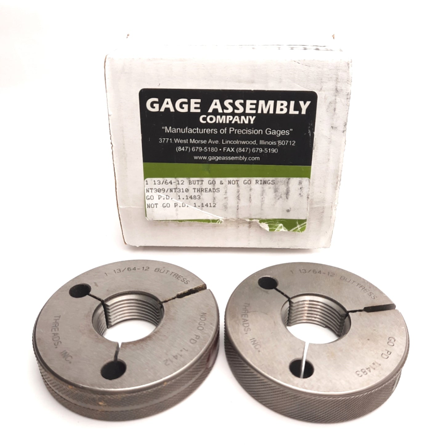 Used Gage Assembly Co 1-13/64-12 Butt Go & No Go Rings, GOPD 1.1483, NOGOPD 1.1412
