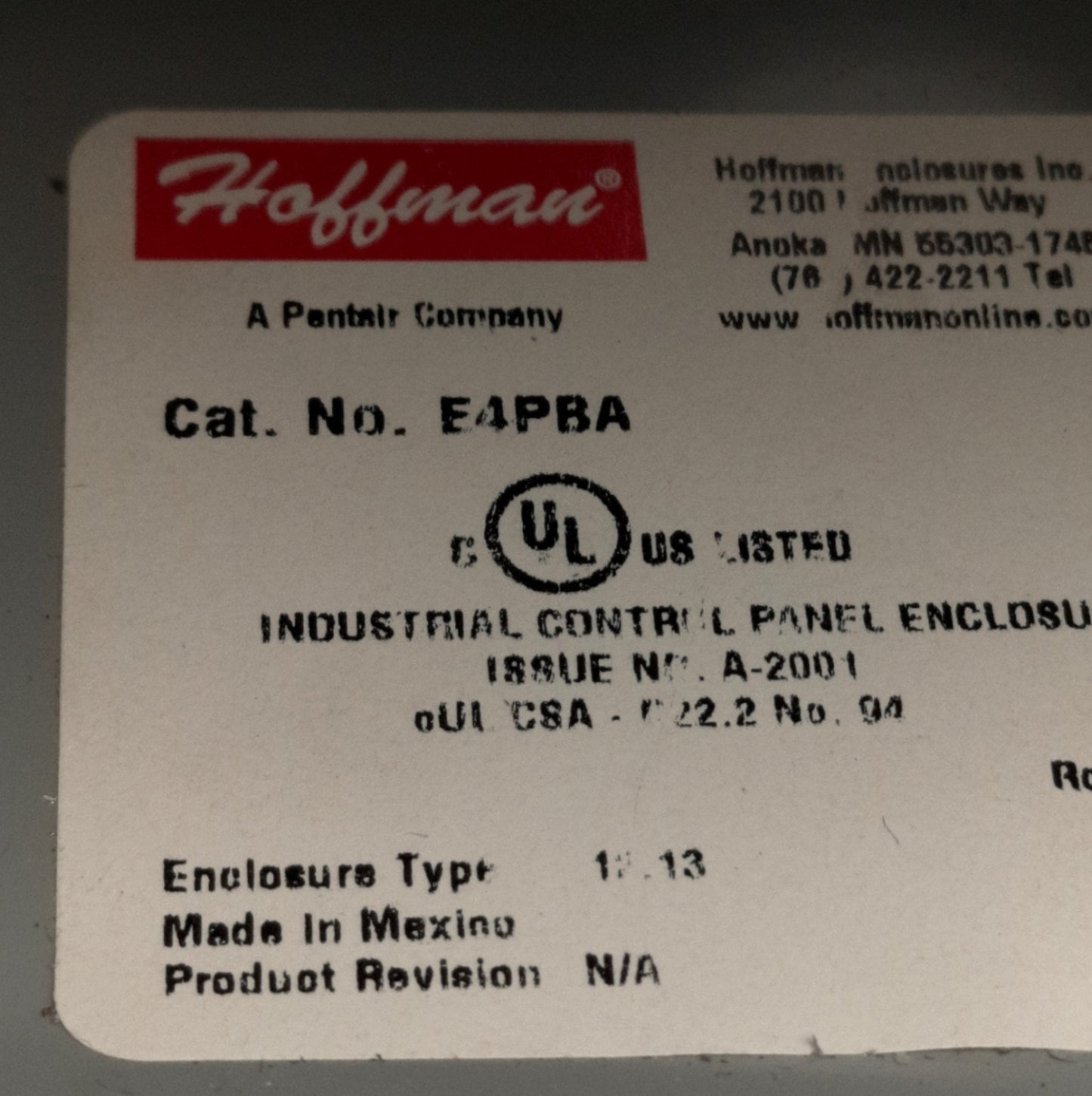 Used Nvent Hoffman E4PBA Pushbutton Enclosure For 30.5mm Switches, 10" x 3.5" x 4.88"