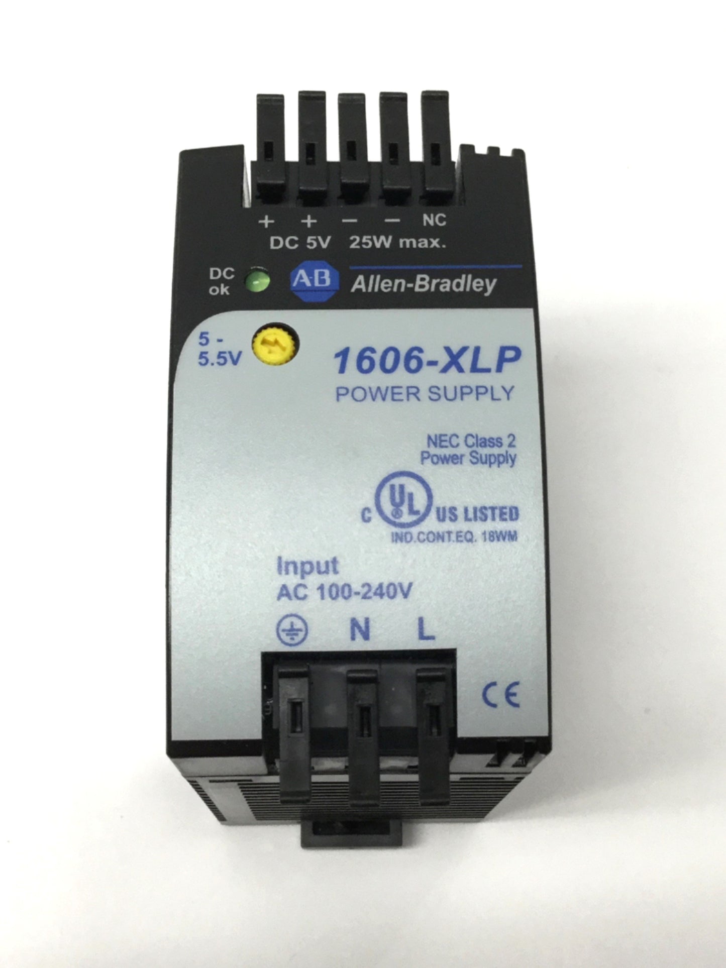 Used Allen Bradley 1606-XLP25A Power Supply, 100-240VAC Input, 5VDC 5A 25W Output