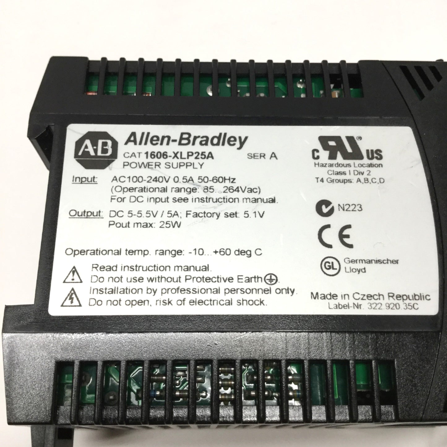 Used Allen Bradley 1606-XLP25A Power Supply, 100-240VAC Input, 5VDC 5A 25W Output