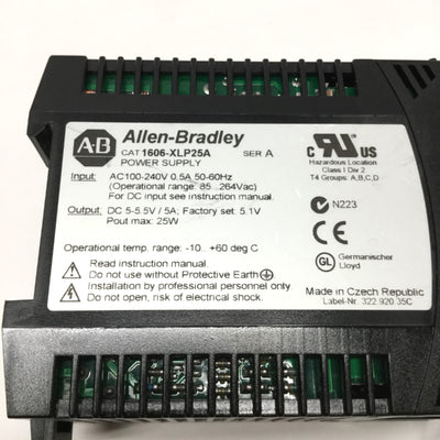Used Allen Bradley 1606-XLP25A Power Supply, 100-240VAC Input, 5VDC 5A 25W Output