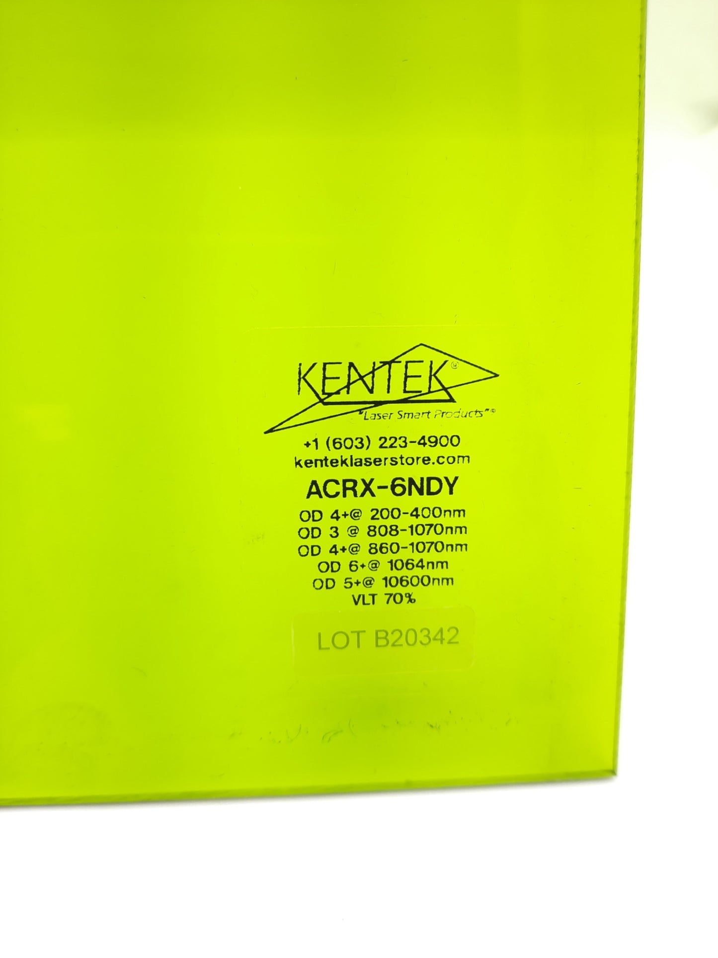 Used Kentek ACRX-6NDY Nd:YAG Acrylic Laser Window OD 6+ 1064nm 25.591 x 13.386 x 1/8"