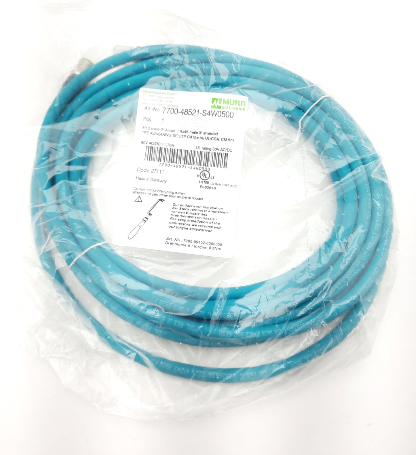 New Murr 7700-48521-S4W0500 Ethernet Networking Cable M12 Male 8 Pin 60VAC/DC 1.76A