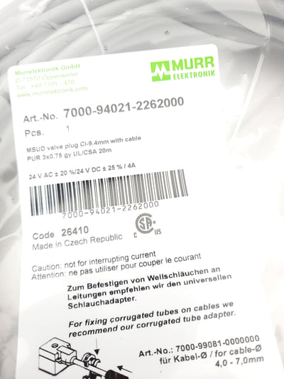 New Murr 7000-94021-2262000 MSUD Valve Plug CI-9.4mm Cordset 24VAC/VDC 4A, 20m