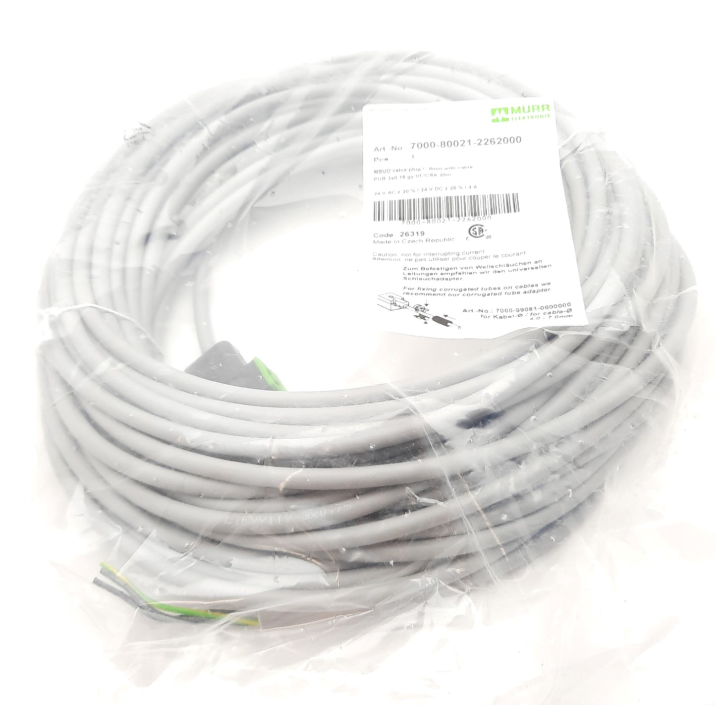 New Murr 7000-80021-2262000 MSUD Valve Plug C-8mm Cordset 20m, 24VAC/VDC, 4A