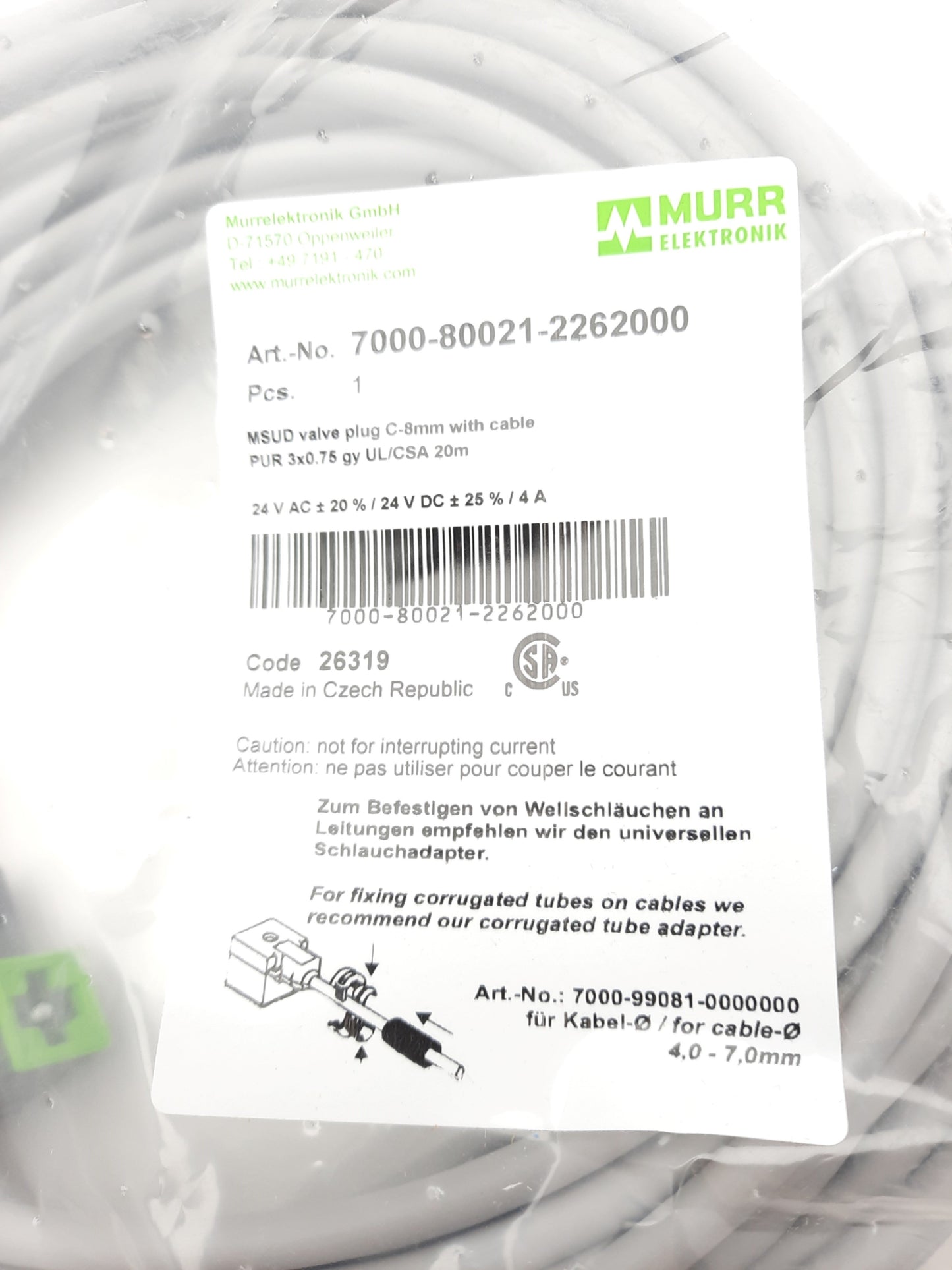 New Murr 7000-80021-2262000 MSUD Valve Plug C-8mm Cordset 20m, 24VAC/VDC, 4A