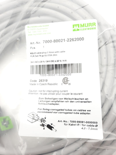 New Murr 7000-80021-2262000 MSUD Valve Plug C-8mm Cordset 20m, 24VAC/VDC, 4A
