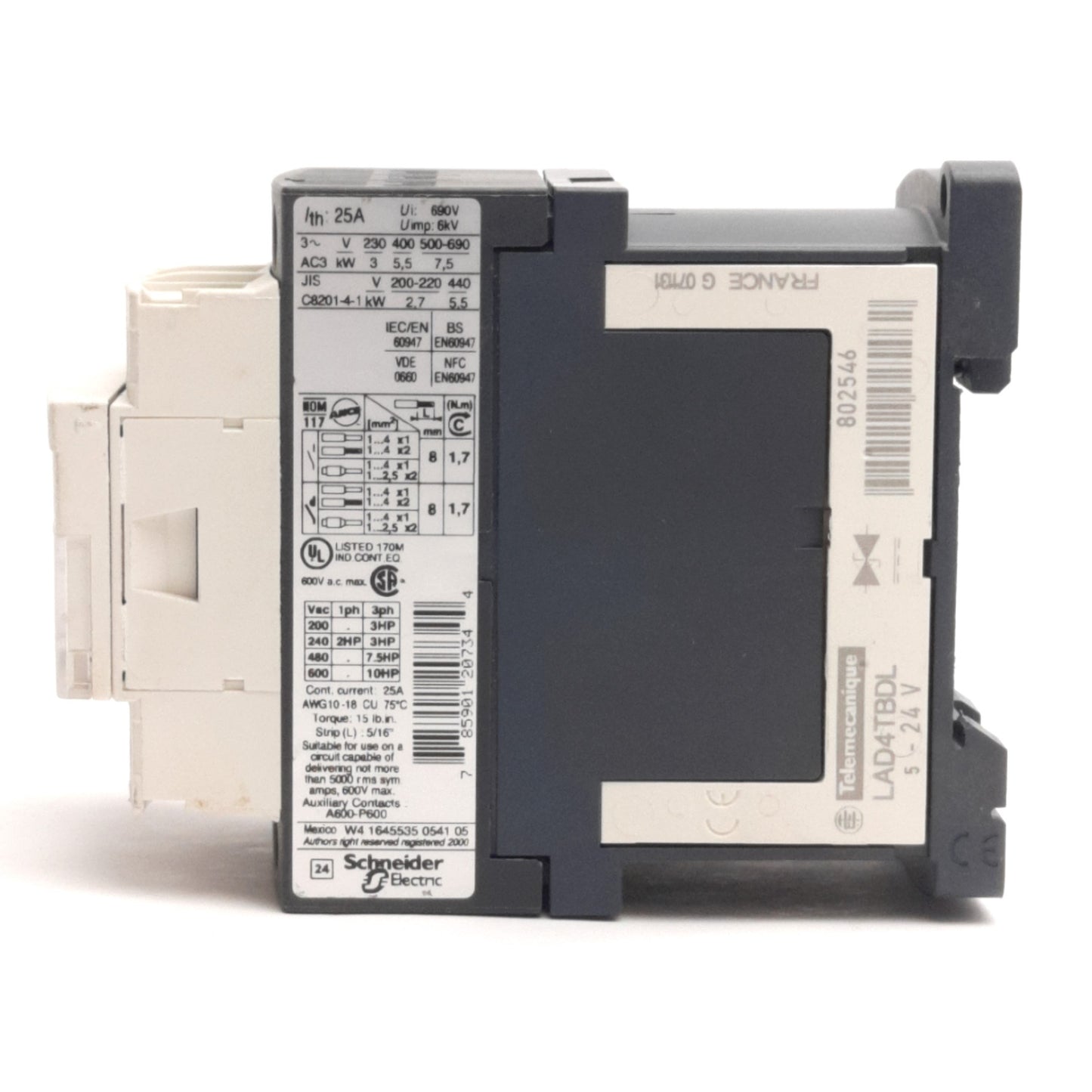 Used Telemecanique LC1D12BL IEC Contactor 12A 690V AC 1NO/NC, 24V DC Coil w/ LAD4TBDL