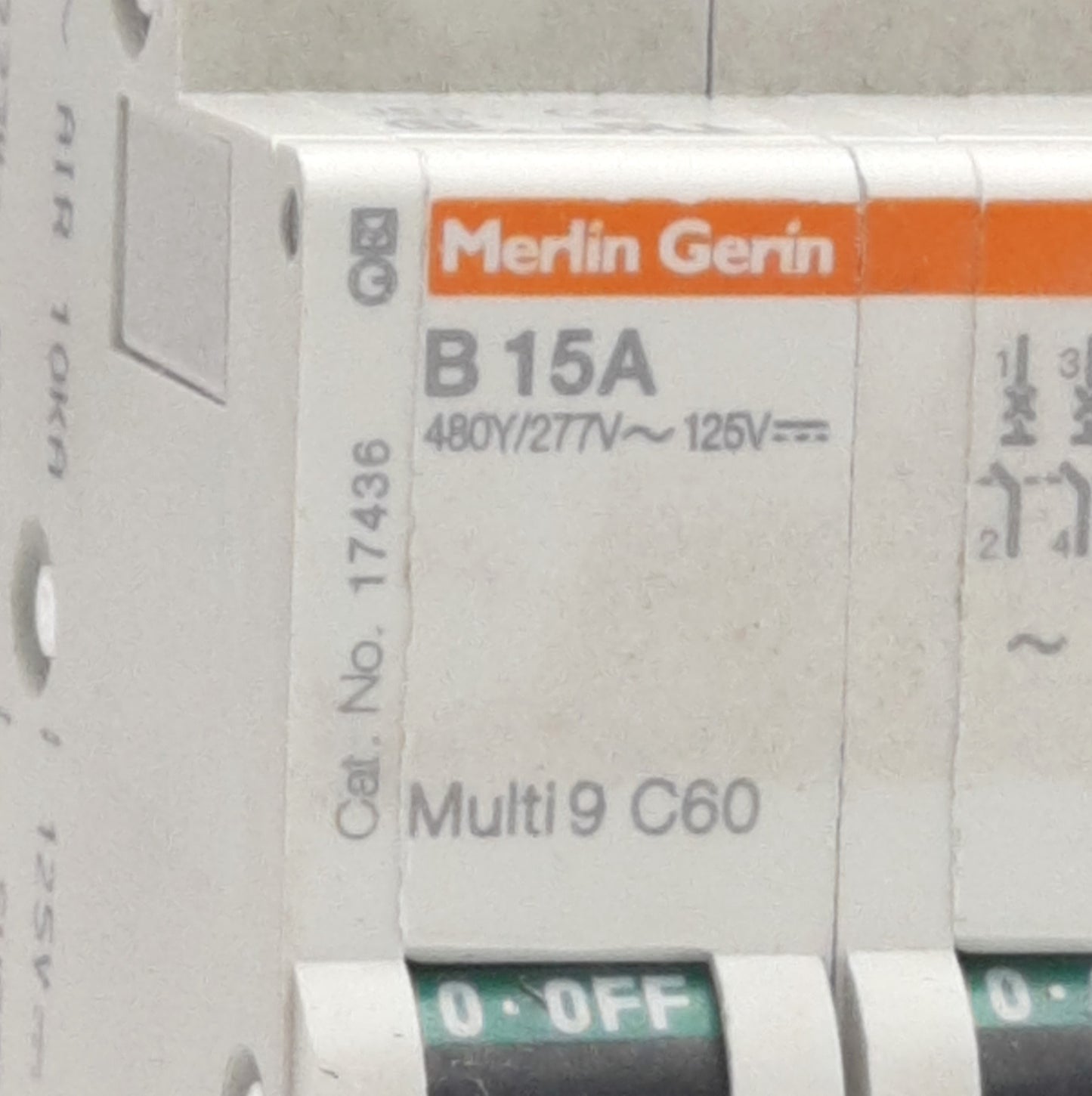 Used Merlin Gerin 17436 B15A Multi9 C60 Circuit Breaker, 15A, 480/277V AC, 125V DC