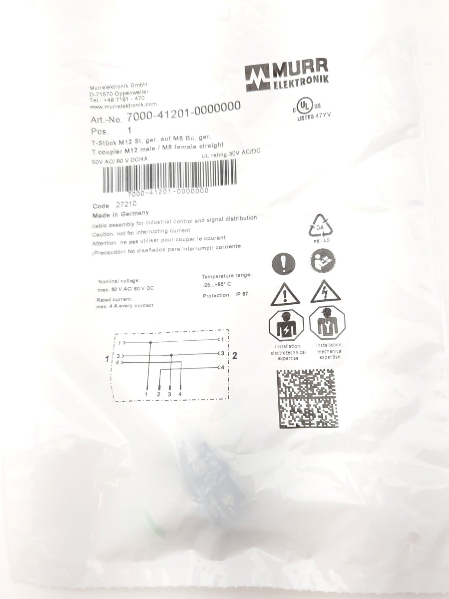 New Lot of 2 Murr 7000-41201-0000000 T-Coupler 50VAC, 60VDC, 4A M8 x 2, M12 x 1 IP67