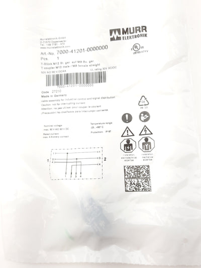 New Lot of 2 Murr 7000-41201-0000000 T-Coupler 50VAC, 60VDC, 4A M8 x 2, M12 x 1 IP67