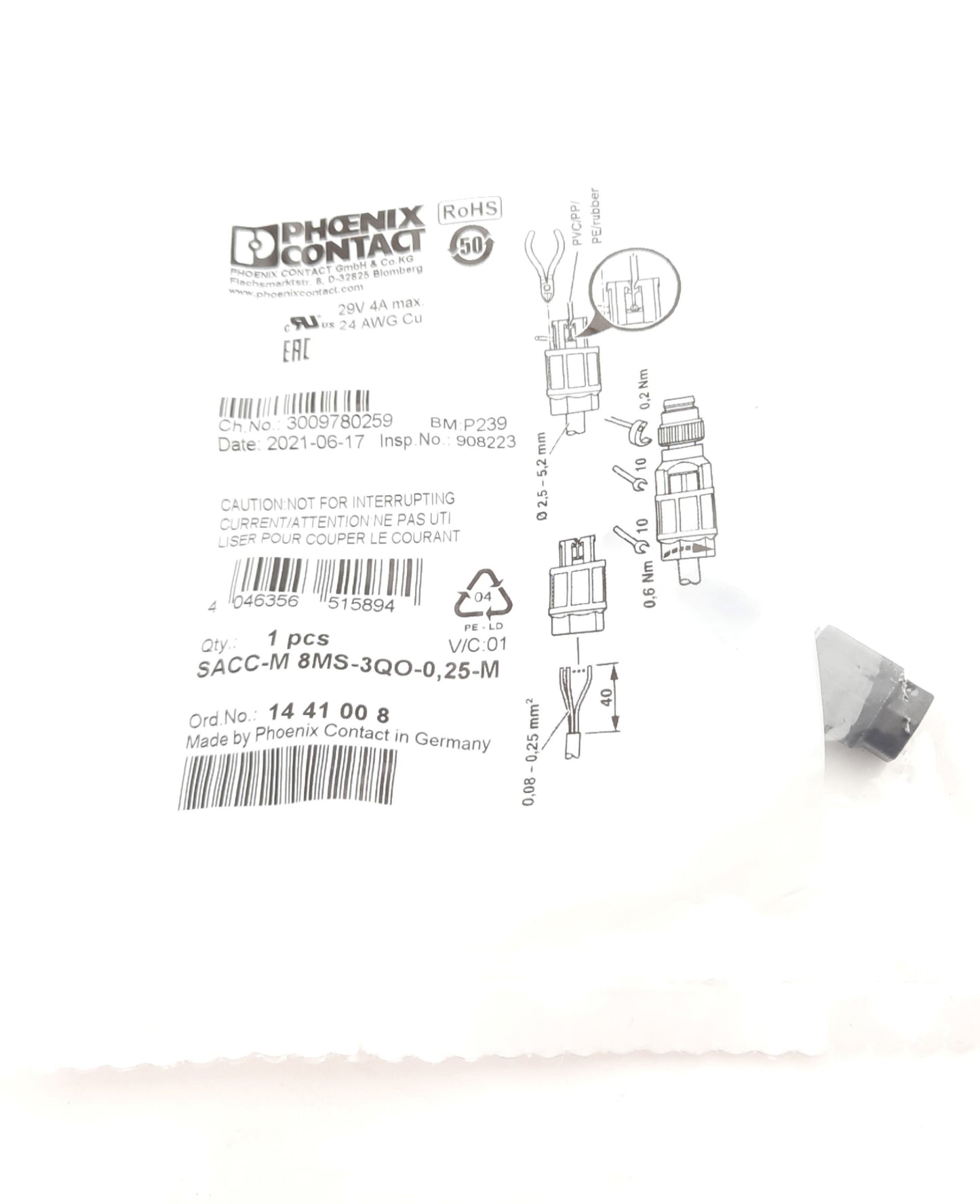 New Lot of 2 Phoenix Contact SACC-M 8MS-3QO-0,5-M Circular Metric Connectors 3 Pin