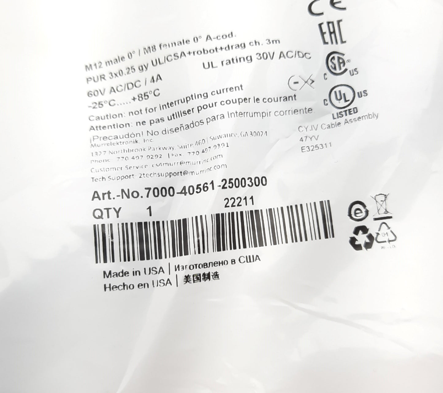 New Lot of 2 Murr 7000-40561-2500300 Cordset M12 Male - M8 Female 60VAC/VDC 4A 3 Pin