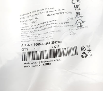 New Lot of 2 Murr 7000-40561-2500300 Cordset M12 Male - M8 Female 60VAC/VDC 4A 3 Pin