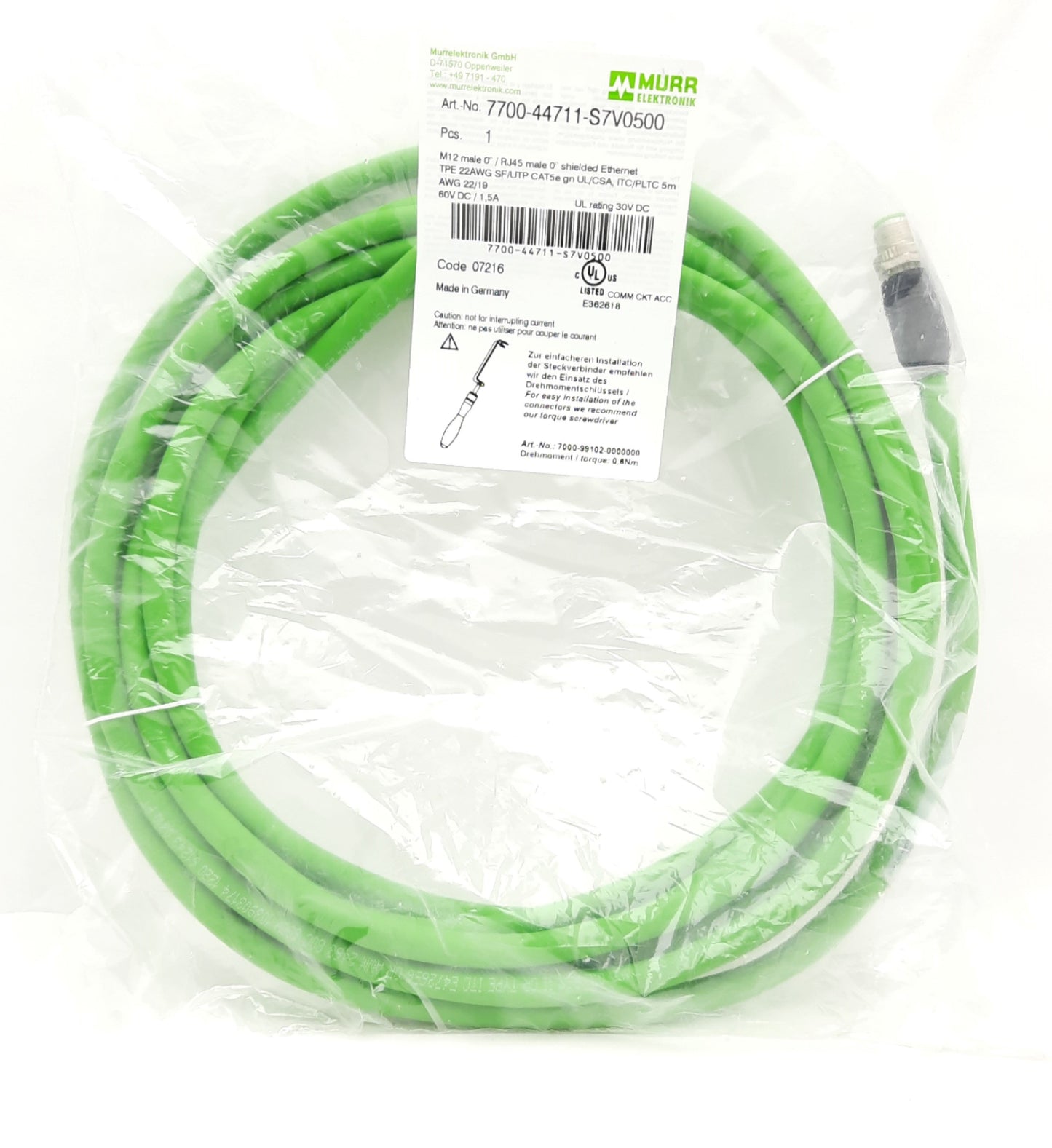 New Murr 7700-44711-S7V0500 Cordset 60VDC 1.5A, M12 4 Pin Male to RJ45 Male, 5m