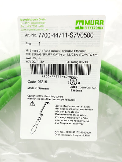 New Murr 7700-44711-S7V0500 Cordset 60VDC 1.5A, M12 4 Pin Male to RJ45 Male, 5m
