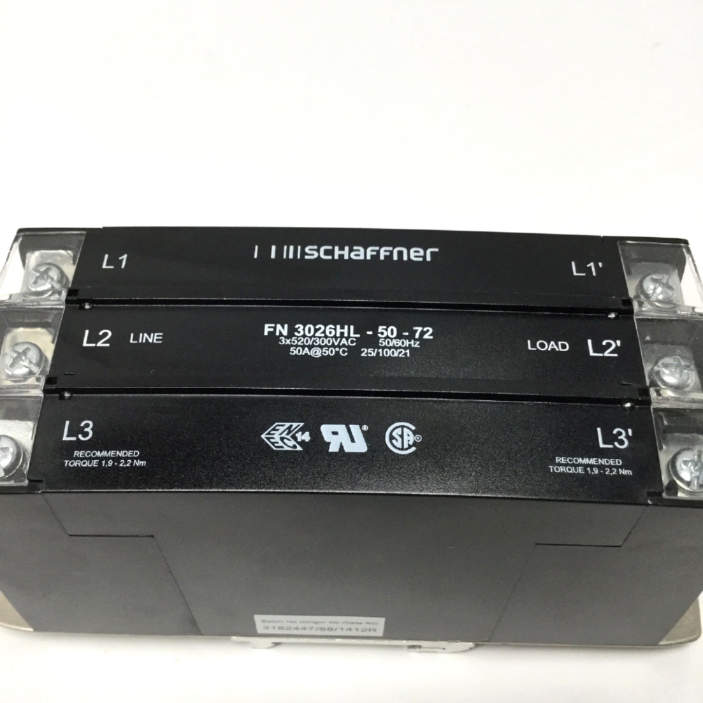 Used Schaffner FN 3026HL-50-72 Power Line EMC/RFI Filter 3-Phase 520/300VAC, 50A, DIN