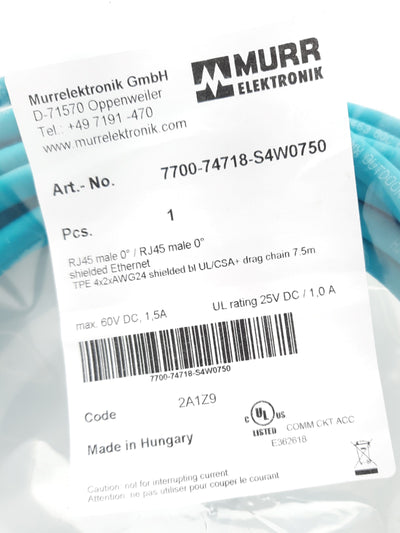 New Murr 7700-74718-S4W0750 Ethernet / Networking Cable 60VDC 1.5A, RJ45 Male, 7.5m