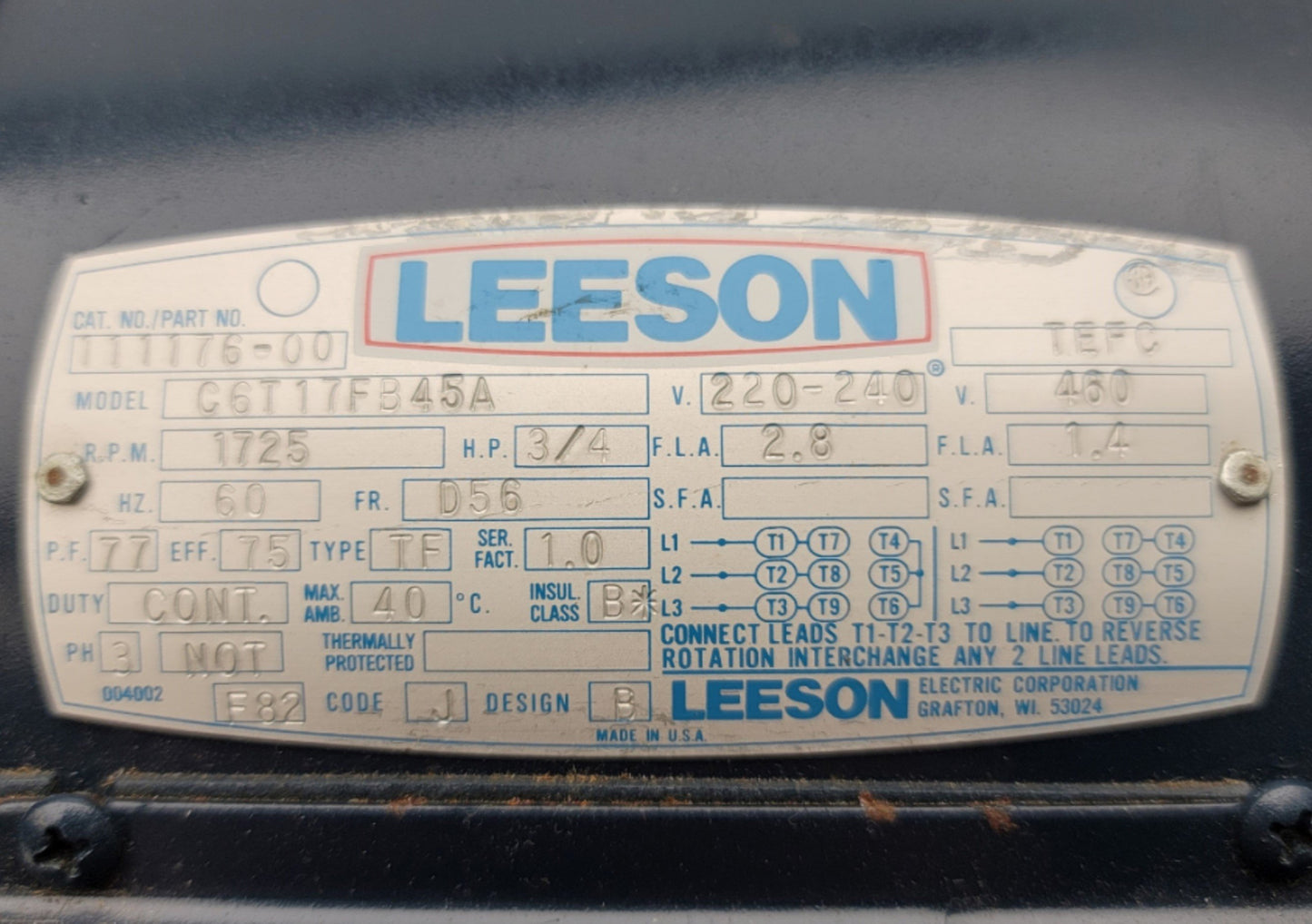 Used Leeson C6T17FB45A 111176-00 AC Motor 3/4HP, 220-240/460VVAC, 2.8/1.4A, D56