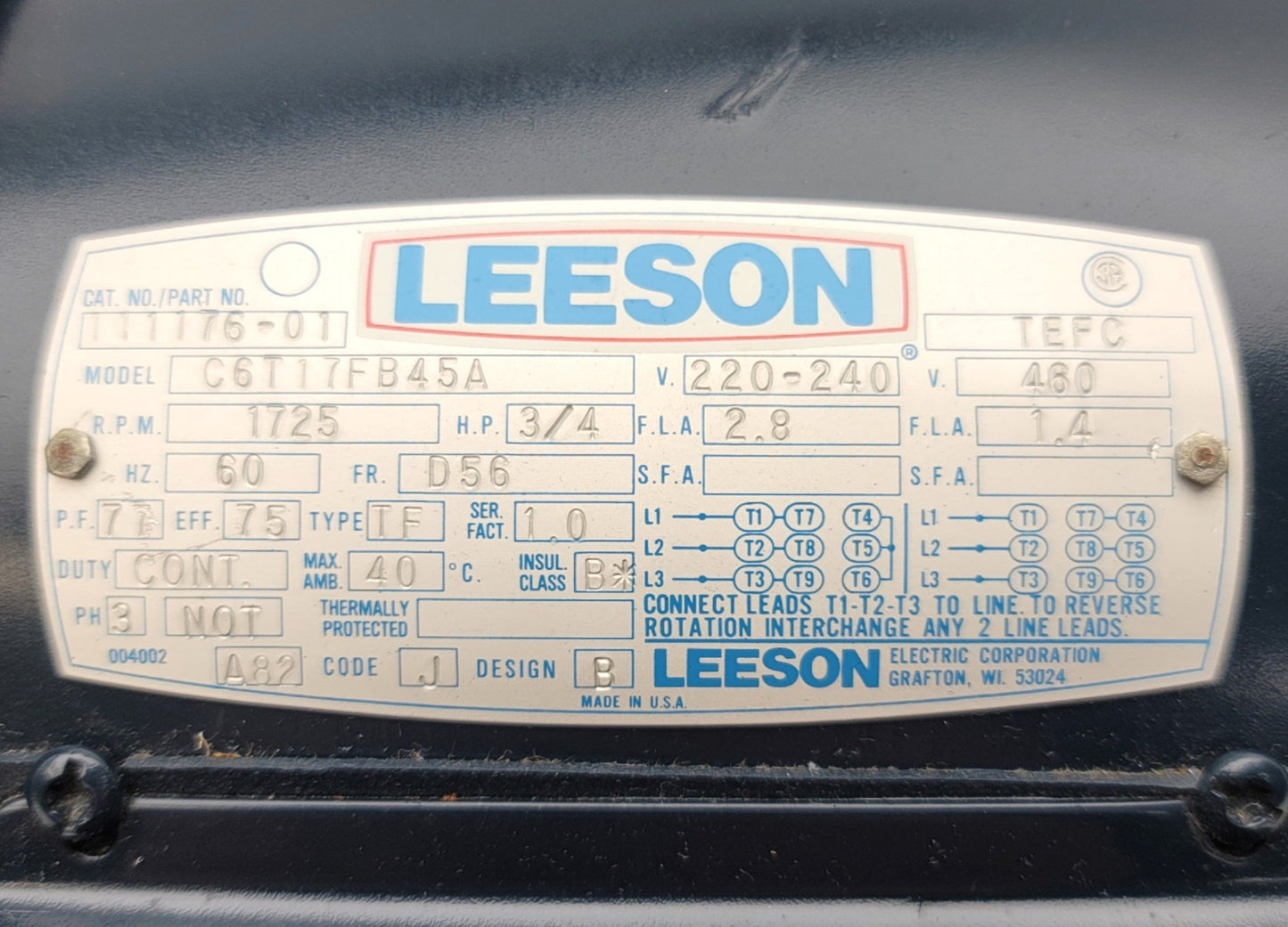 Used Leeson C6T17FB45A 111176-01 AC Motor 3/4HP, 220-240/460VVAC, 2.8/1.4A, D56