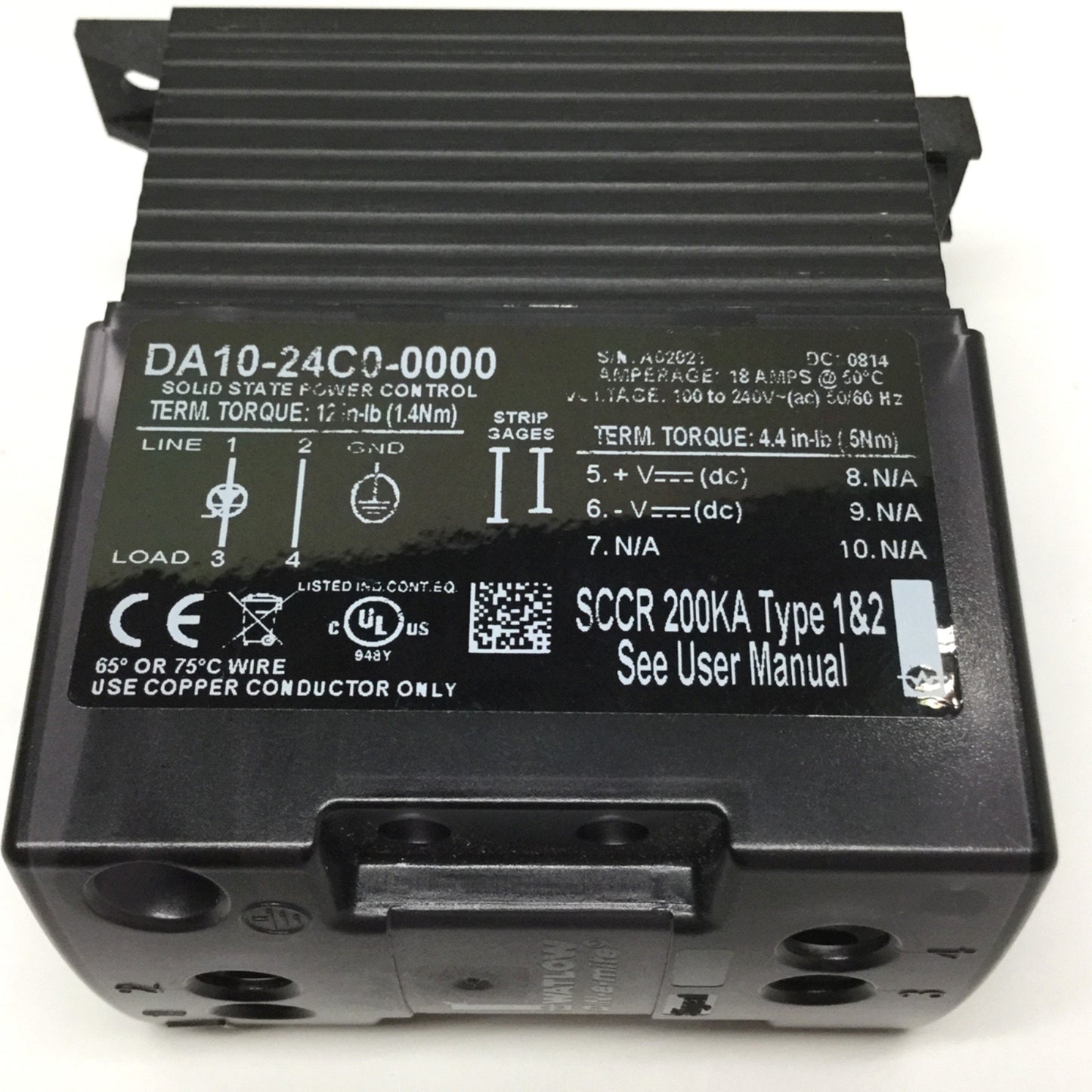 Used Watlow DA10-24C0-0000 DIN-A-Mite Solid-State Power Controller 18A 100-240VAC 1PH