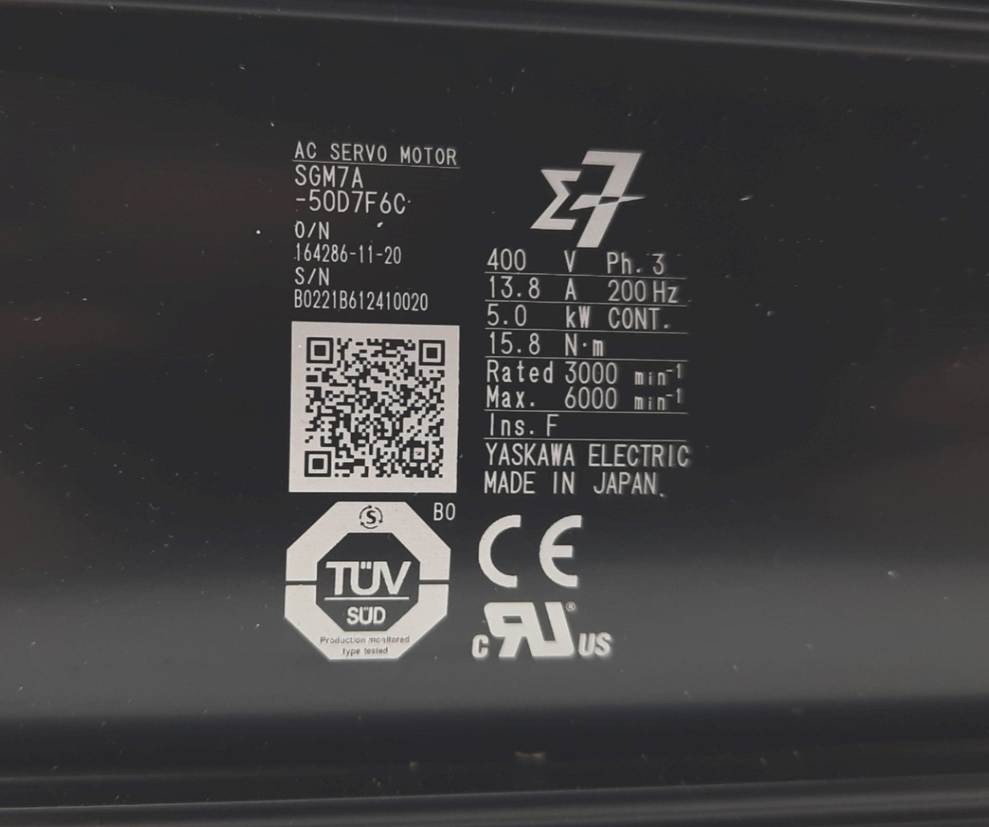 New Yaskawa SGM7A-50D7F6C AC Servo Motor 3 Phase 400V 13.8A, 5.0kW 15.8Nm 3000 1/min