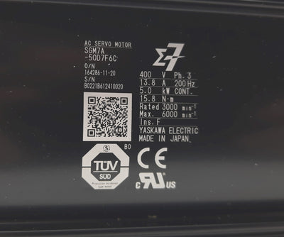 New Yaskawa SGM7A-50D7F6C AC Servo Motor 3 Phase 400V 13.8A, 5.0kW 15.8Nm 3000 1/min