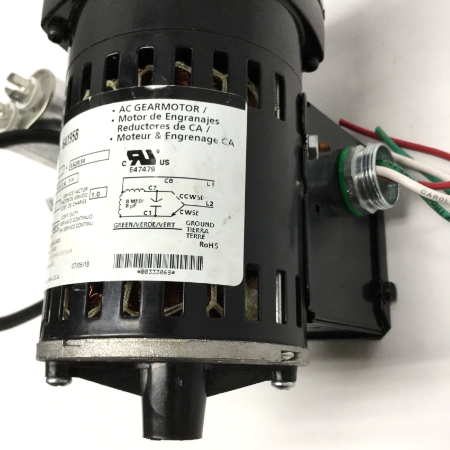 Used Dayton 6A195B Split Capacitor AC Gearmotor 115VAC, 1/20HP, 17:1 Ratio, 95RPM