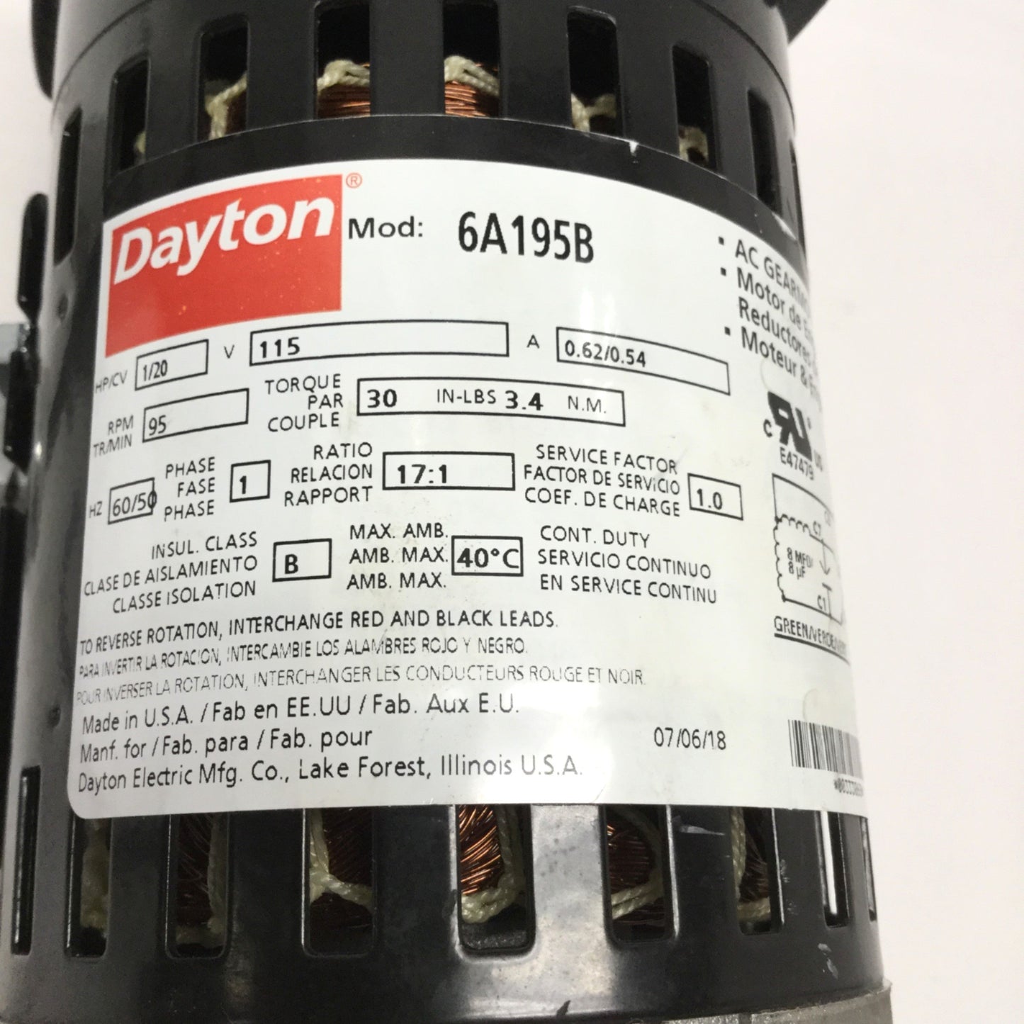 Used Dayton 6A195B Split Capacitor AC Gearmotor 115VAC, 1/20HP, 17:1 Ratio, 95RPM