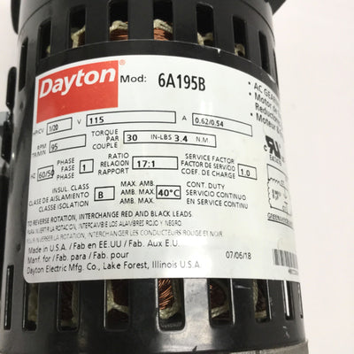 Used Dayton 6A195B Split Capacitor AC Gearmotor 115VAC, 1/20HP, 17:1 Ratio, 95RPM
