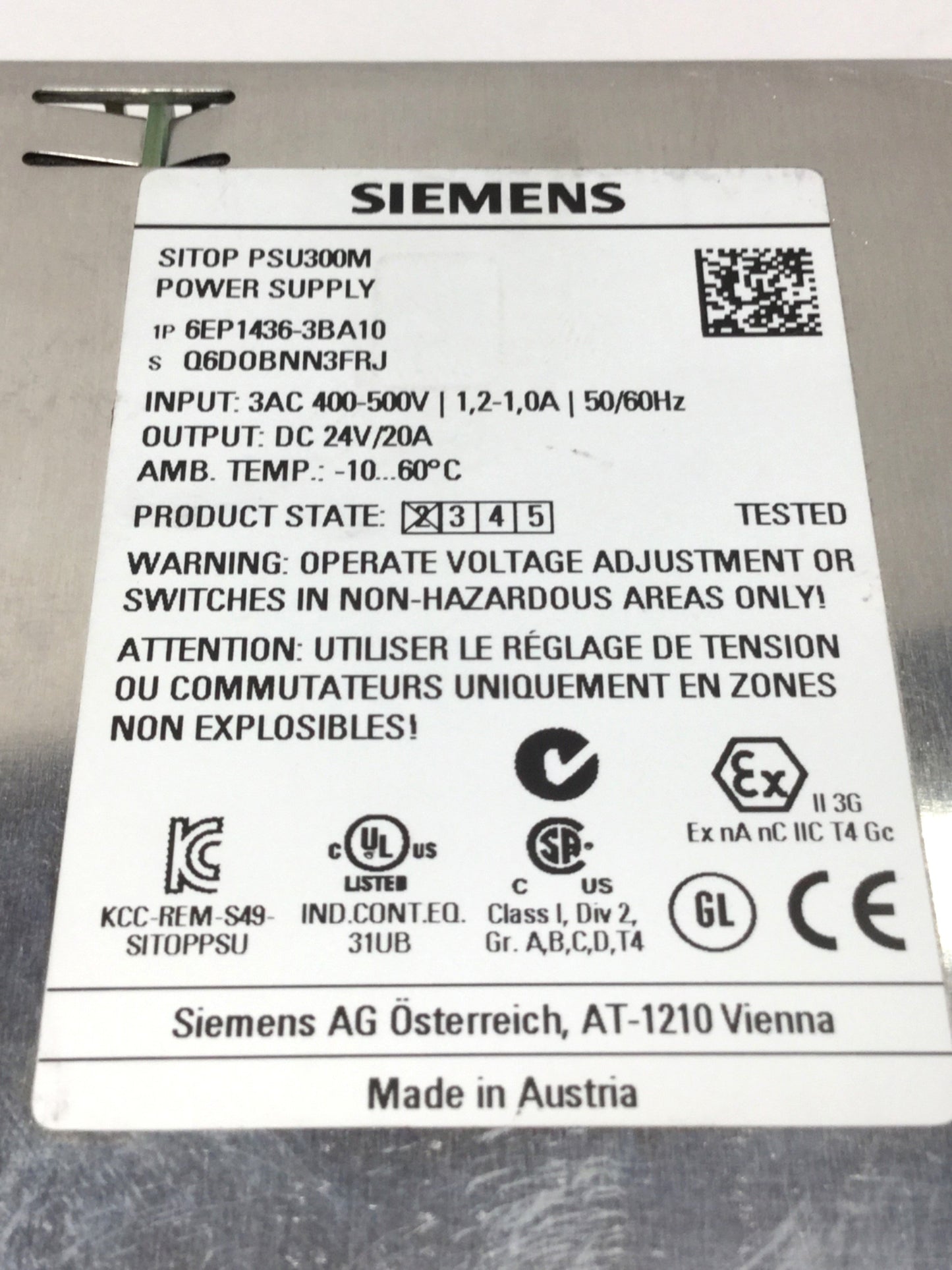 Used Siemens 6EP1436-3BA10 SITOP Power Supply 3-Phase 400-500VAC In, 24VDC 20A Out
