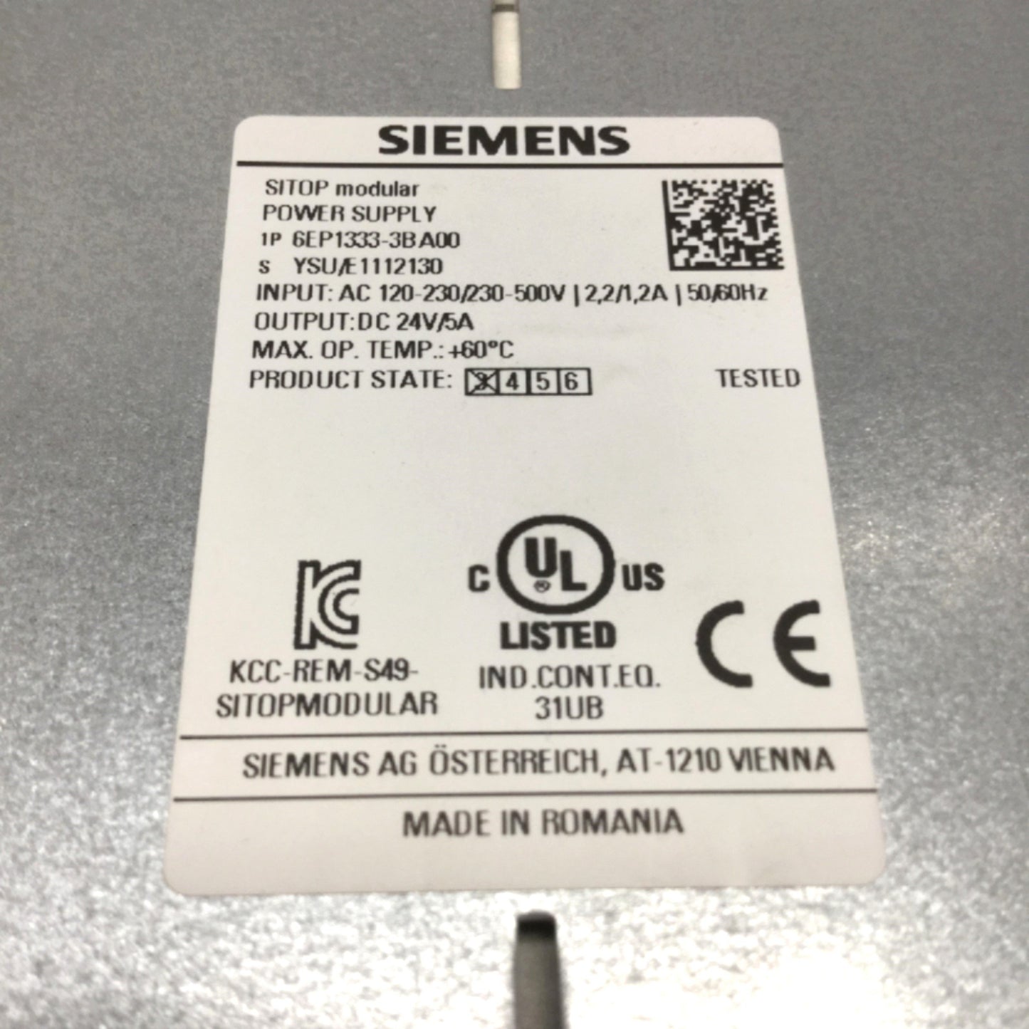 Used Siemens 6EP1333-3BA00 SITOP Power Supply 120/230-500VAC In, 24VDC 5A Out