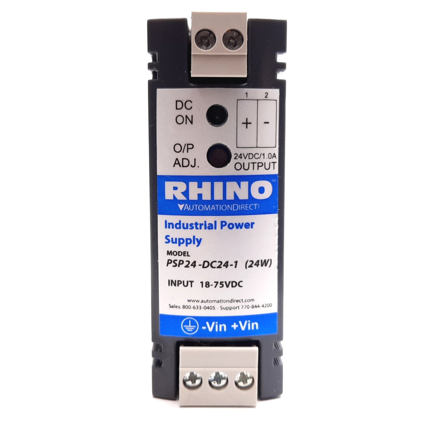 Used Automation Direct Rhino PSP24-DC24-1 Power Supply, In: 18-75VDC, Out: 24VDC 1A