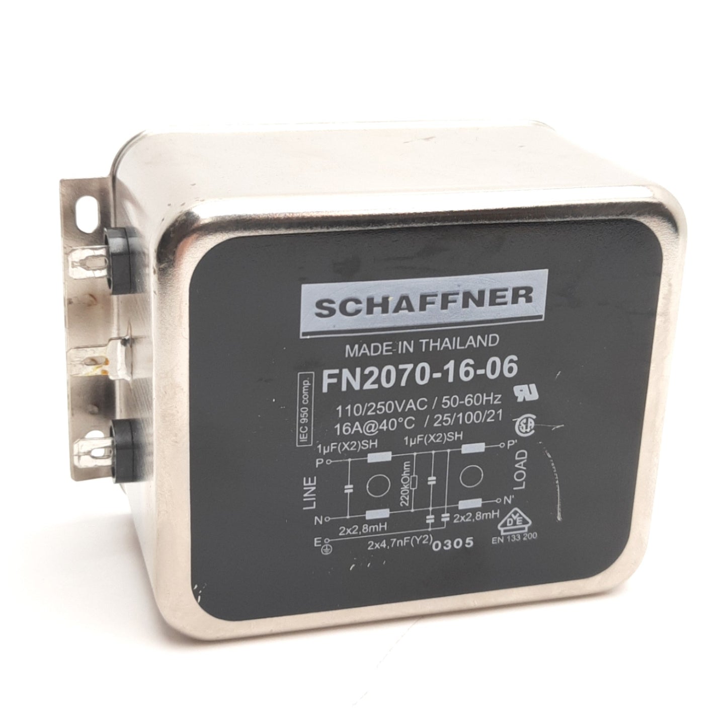 Used Schaffner FN2070-16-06 EMI/EMC Line Filter 110/250V AC, 16A 1-Phase