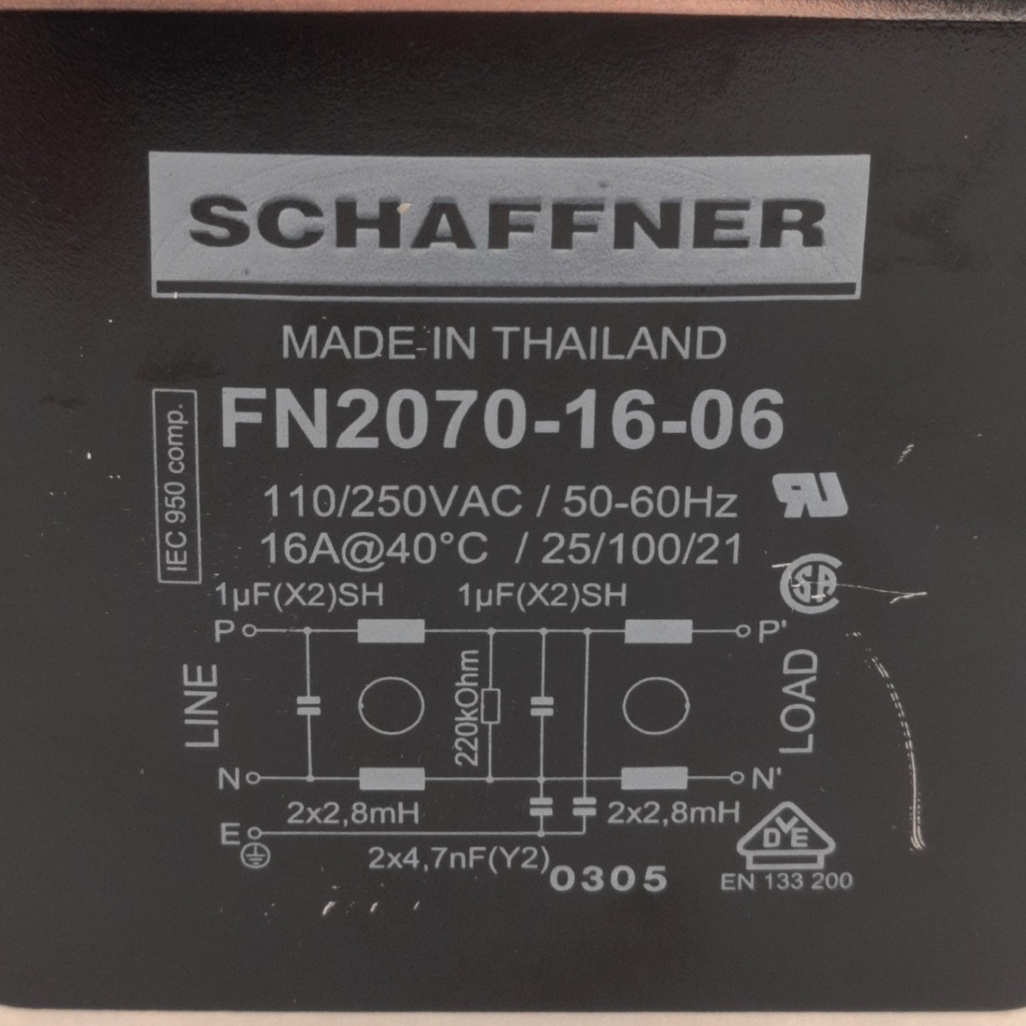 Used Schaffner FN2070-16-06 EMI/EMC Line Filter 110/250V AC, 16A 1-Phase