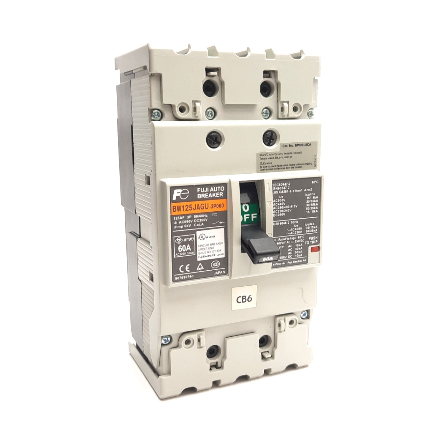 Used Fuji Electric BW125JAGU-3P060 Circuit Breaker, 3-Poles, 60A, 600V/Y AC, 250V DC