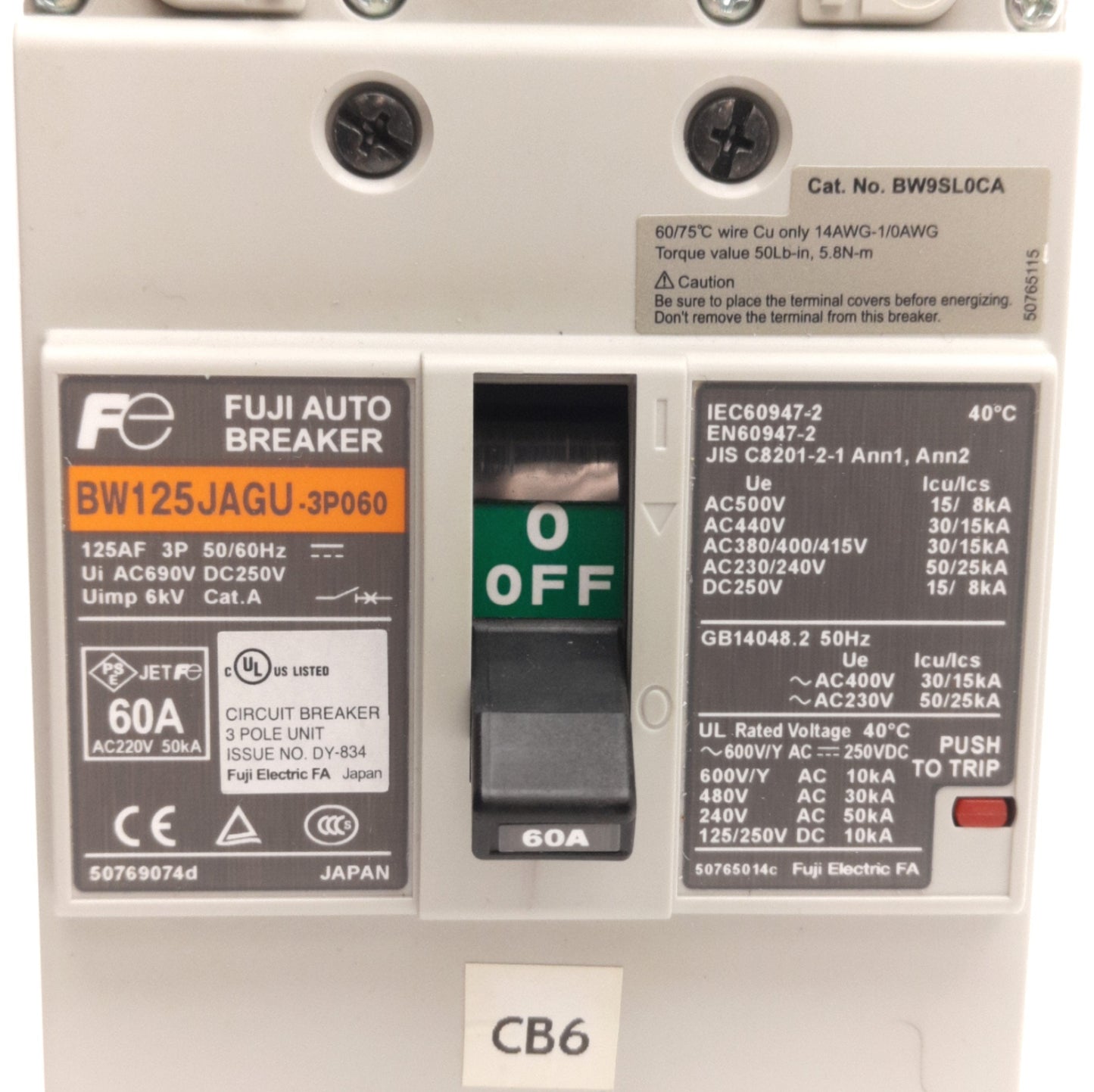 Used Fuji Electric BW125JAGU-3P060 Circuit Breaker, 3-Poles, 60A, 600V/Y AC, 250V DC