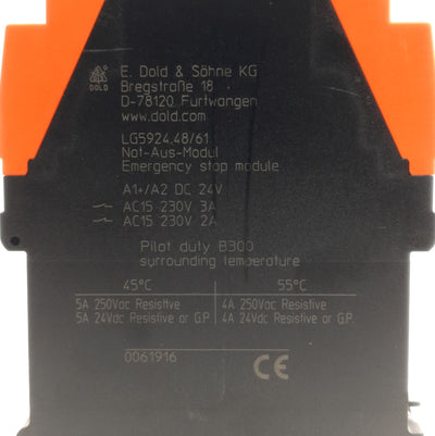 Used Dold LG5924-48-61-24 E-Stop Relay 3NO 1NC, 230V AC 3A, 24V DC Coil