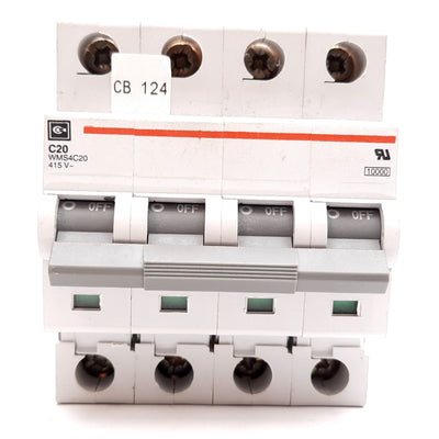 Used Cutler Hammer WMS4C20 Circuit Breaker, 4-Pole, C-Curve, Rating: 20A 415VAC