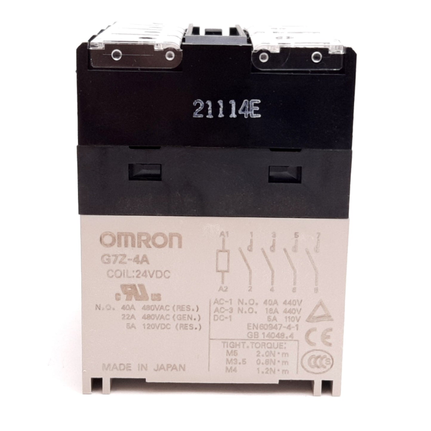 Used Omron G7Z-4A Relay, 4-Pole N/O, Coil: 24VDC, Rating: 40A 440VAC, DIN Rail
