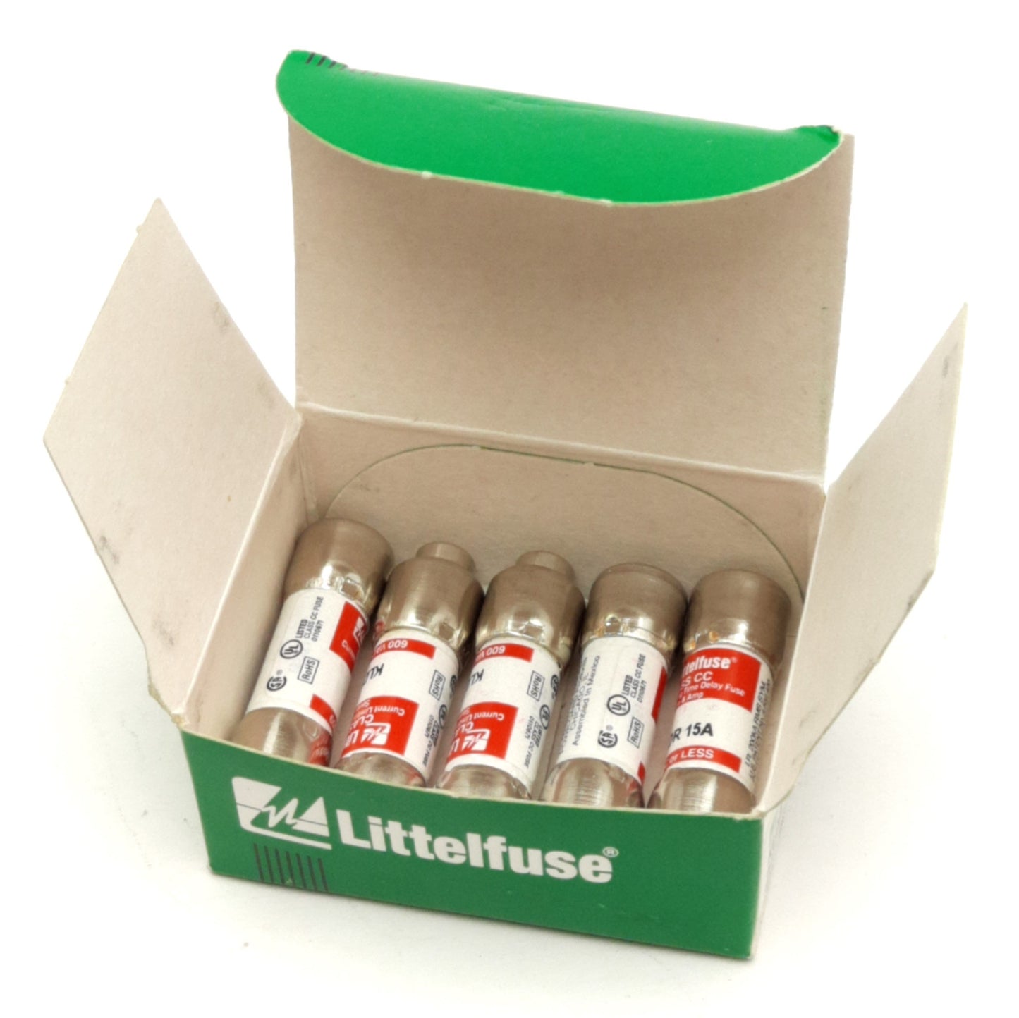 New – Open box Lot of 5 Littelfuse KLDR 15A Class CC Time Delay Fuse, 600 V AC, 200kA Capacity