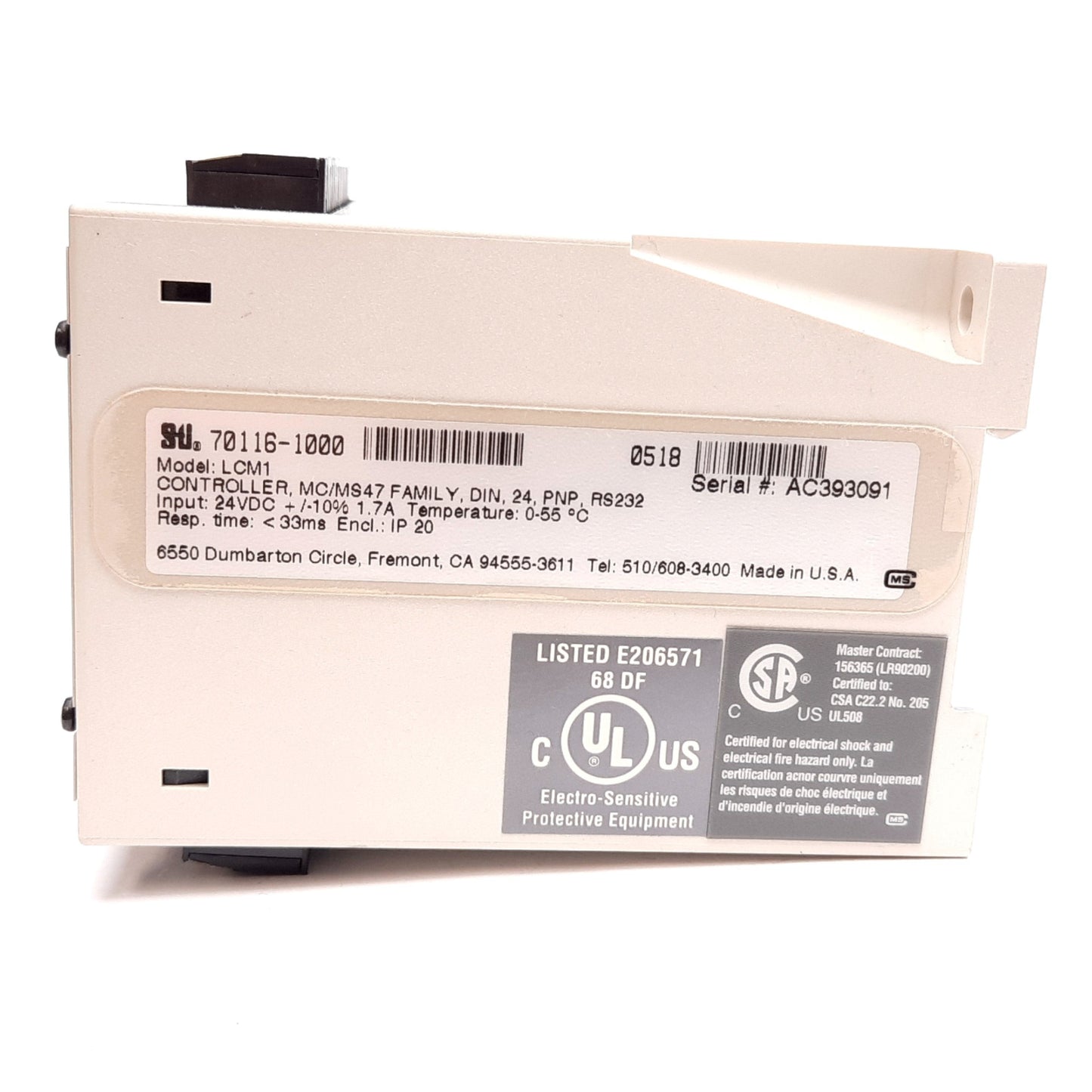 Used Sti 70116-1000 LCM-1 Light Curtain Safety Controller, PNP, 24VDC 1.7A, DIN Mount