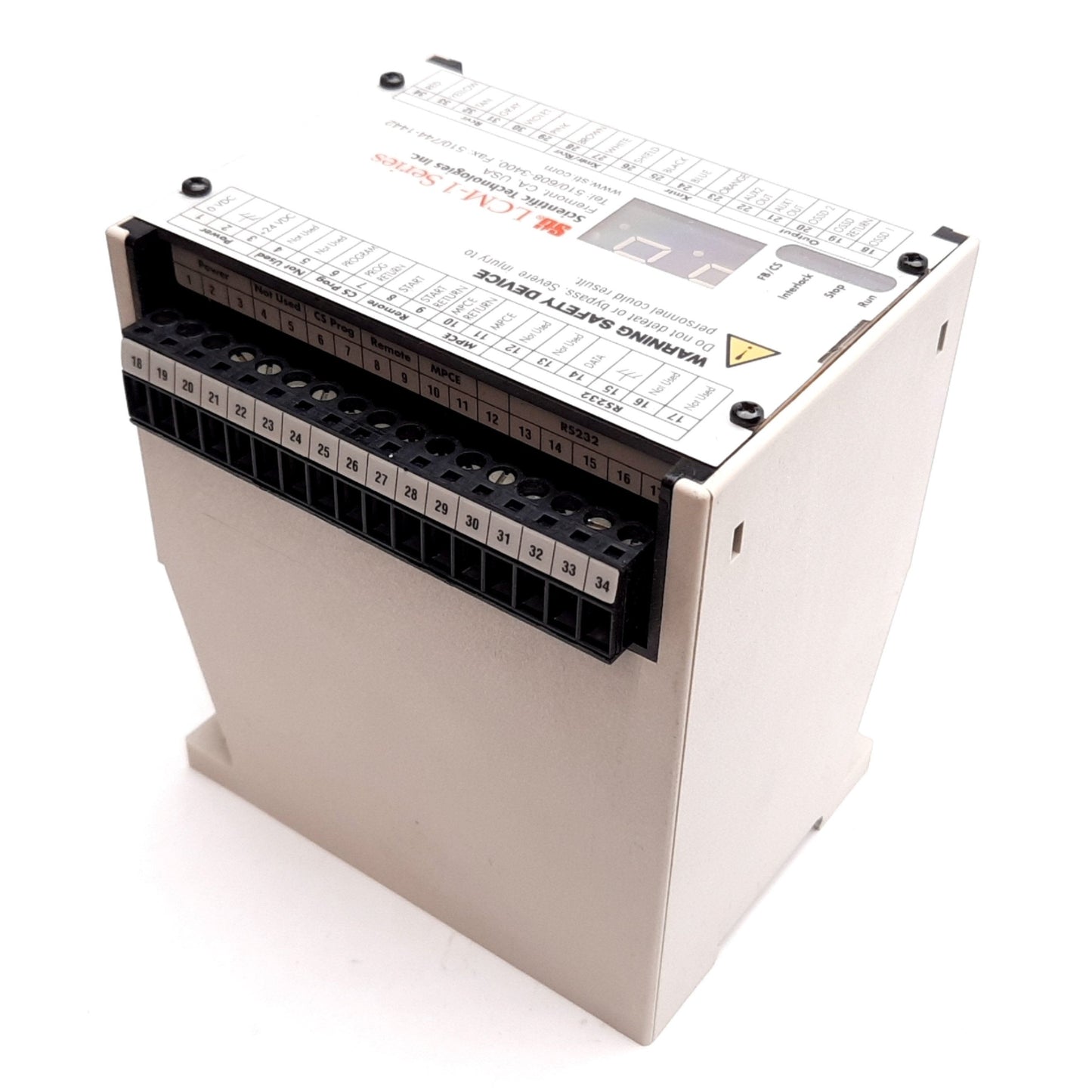 Used Sti 70116-1000 LCM-1 Light Curtain Safety Controller, PNP, 24VDC 1.7A, DIN Mount