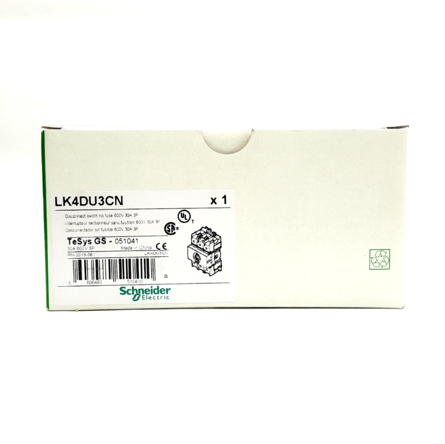 New Schneider Electric LK4DU3CN Disconnect Switch, 600VAC 30A 3P, DIN Rail