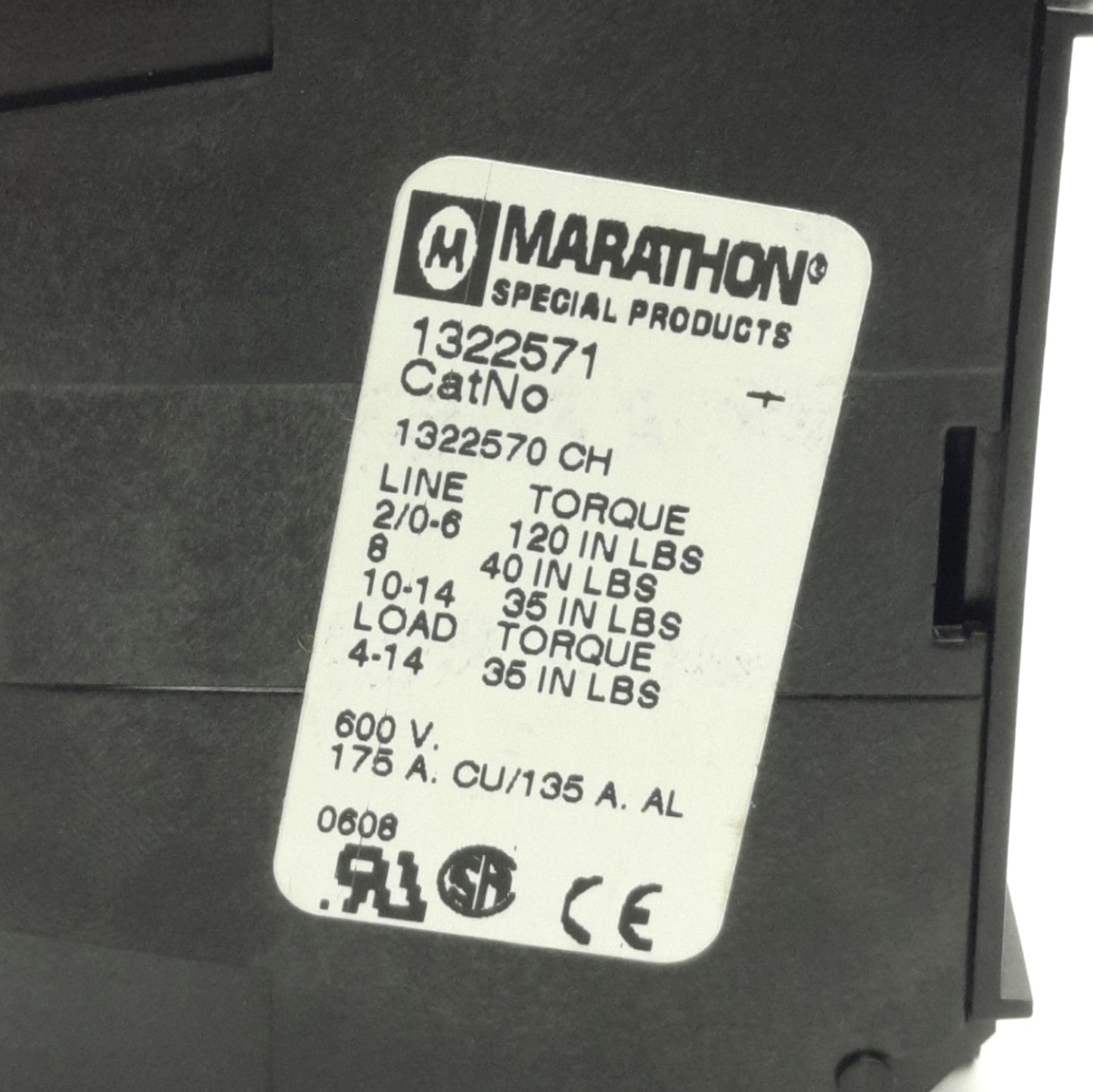 Used Marathon 1322570CH Power Distribution Block 1x4 Line/Load, 600V 175A Max, 2-Pole