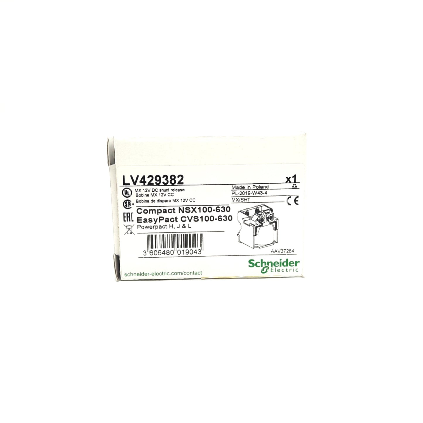 New Schneider Electric LV429382 Shunt Trip Voltage Release, 12 VDC, Opening Coil