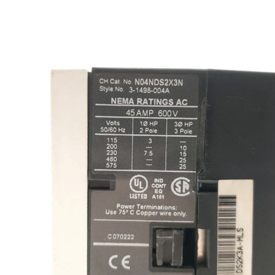 Used EATON Cutler-Hammer N04NDS2X3N NEMA Contactor, Size 2, 3-Pole, 45A 600V, 24VDC